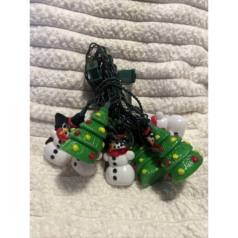Vintage Primal Lite Holiday String Light Set Snowman & X-Mas Tree NOS 1990s